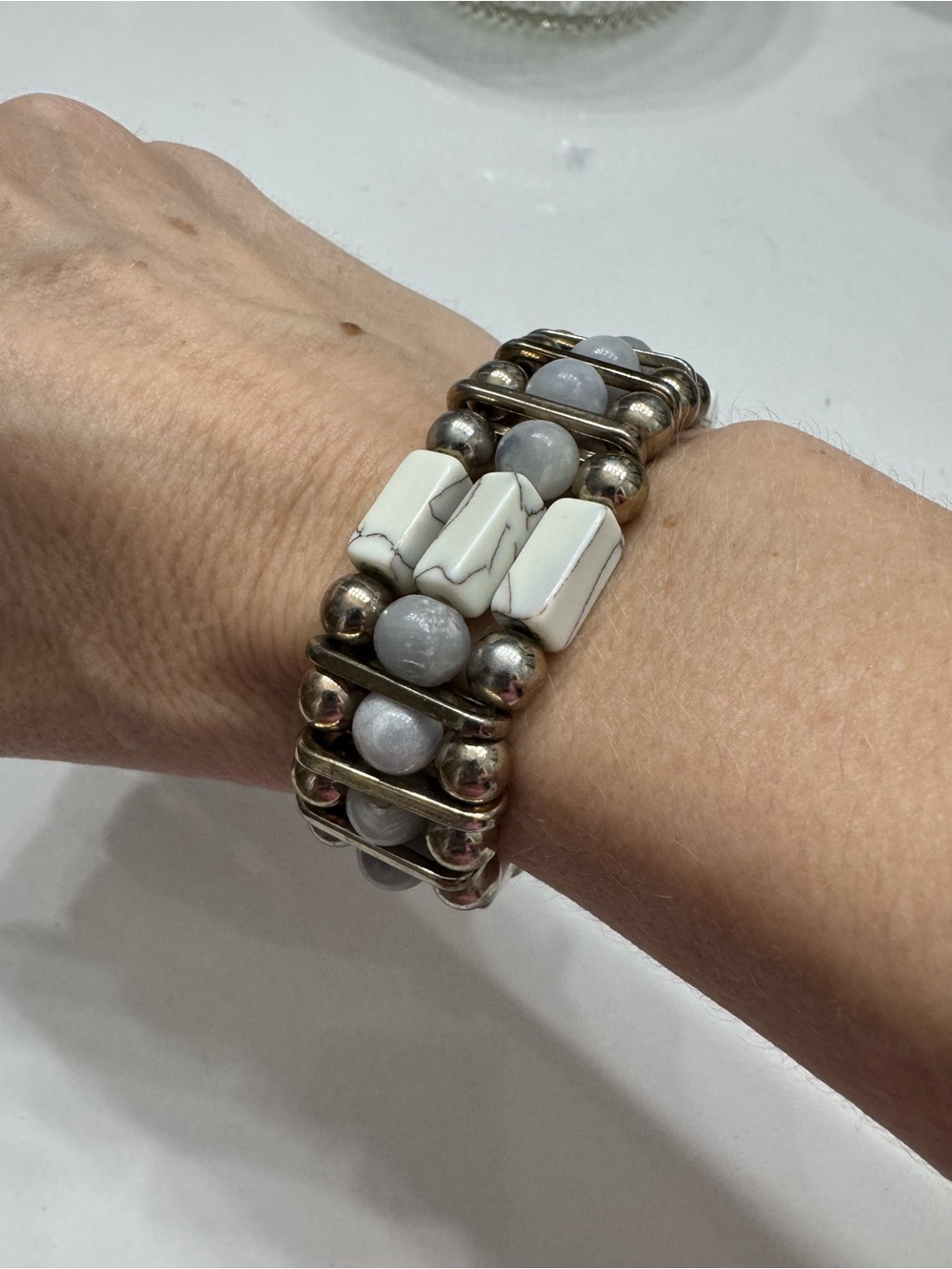 Stretch Bracelet with Gray Beads and White Stone Accents